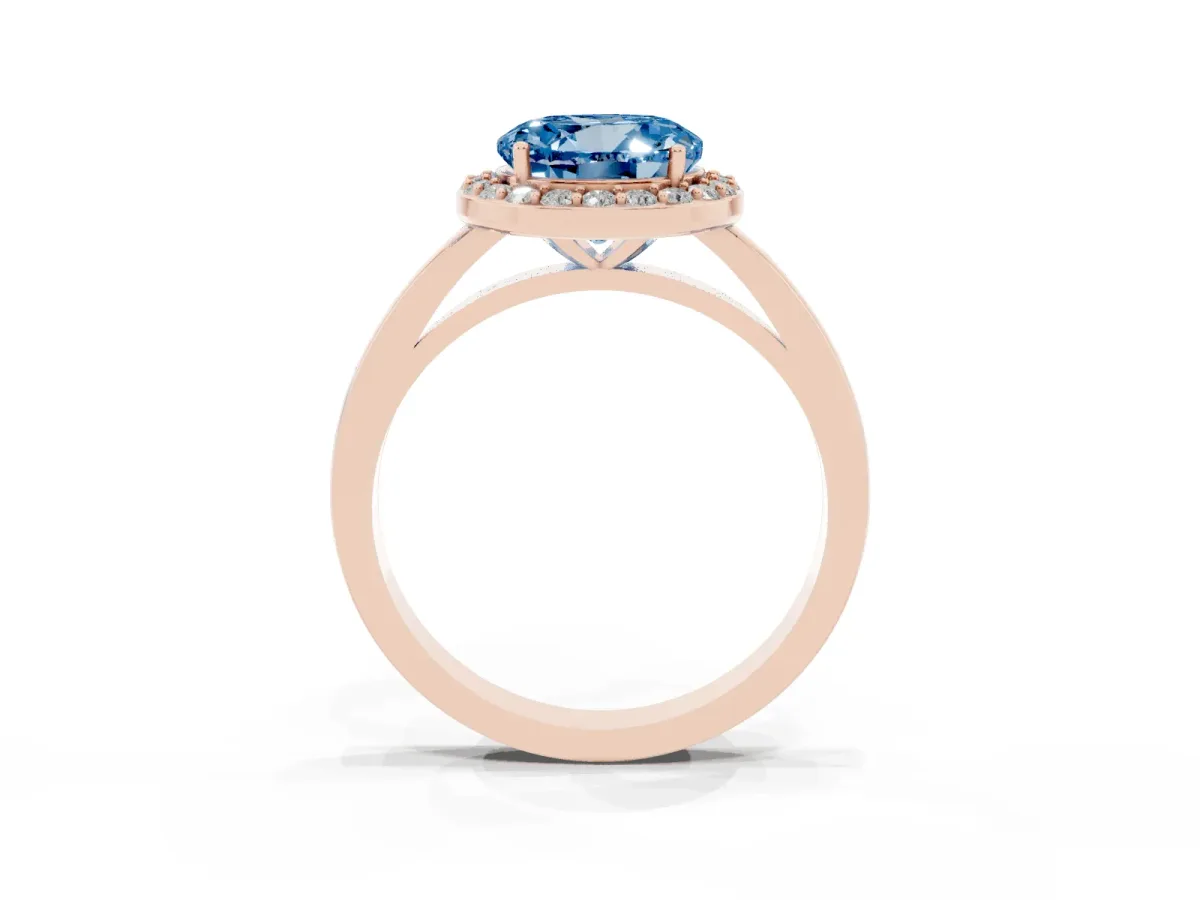 Fancy Blue Round Cut Halo Diamond Ring with Solitaire Band and Prong Setting Rose gold