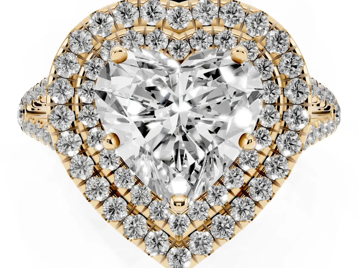 Heart Cut Diamond Double Halo Ring with Pavé Band and Prong Setting Yellow gold