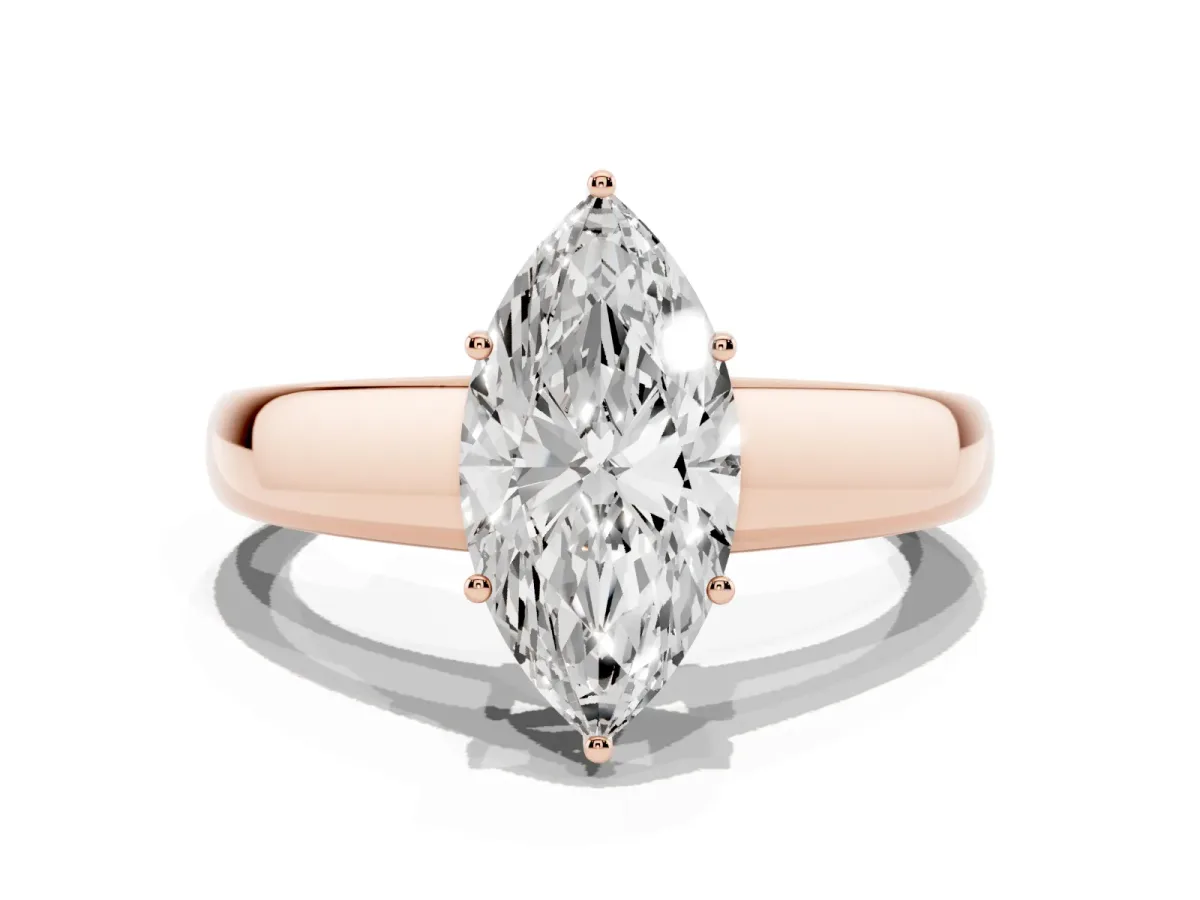Marquise Cut Solitaire Diamond Ring with Tapered Band and Four-Prong Setting Rose gold