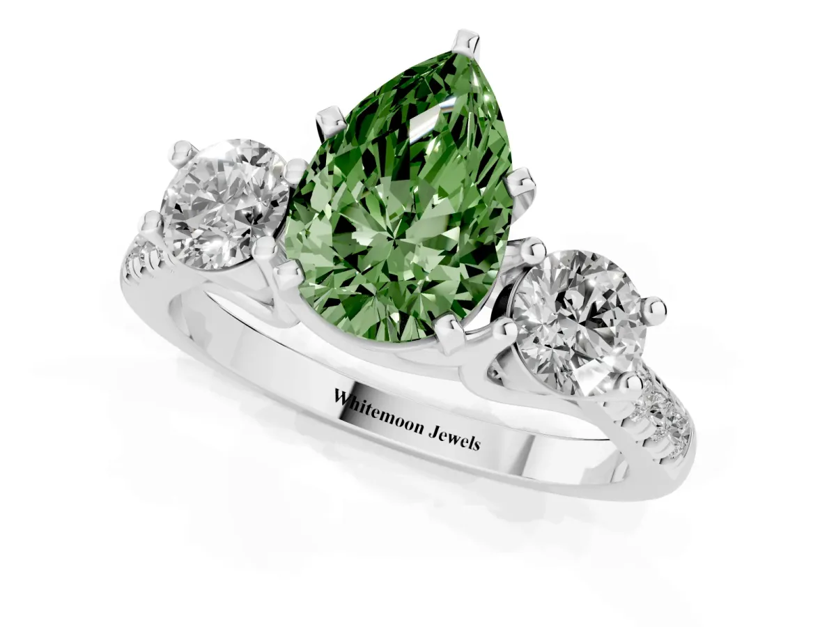 Fancy Green Three-Stone Pear Cut Diamond Pavé Band with Four-Prong Setting Platinum