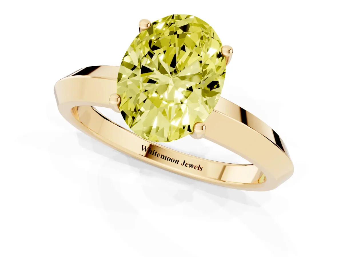 Fancy Yellow Oval Cut Cut Solitaire Engagement Ring with Flat Band and Four-Prong Setting Yellow gold