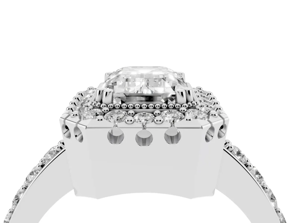 Emerald Cut Diamond Halo Ring with Pavé Band and Prong Setting Silver