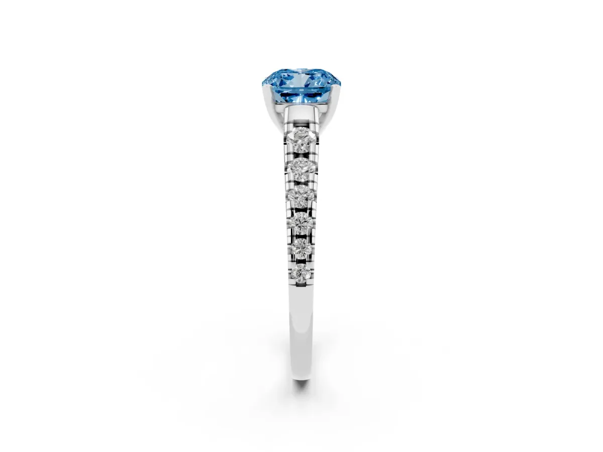 Fancy Blue Cushion Cut Diamond Cathedral Solitaire Ring with Round Pavé Band Silver