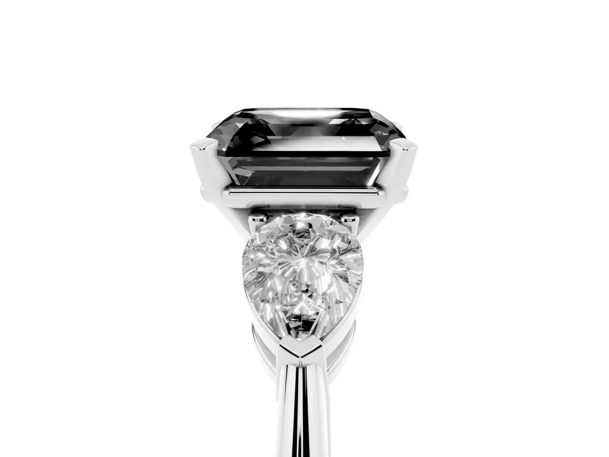 Fancy Black Three-Stone Asscher Cut Diamond Ring with Pear Side Stones and Four-Prong Setting Silver