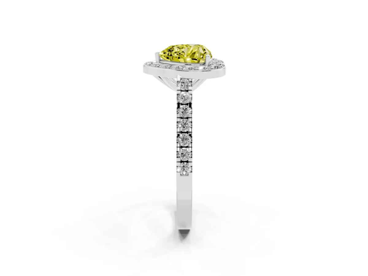 Fancy Yellow Heart Cut Diamond Halo Ring with Round Pavé Split Shank and Prong Setting Silver