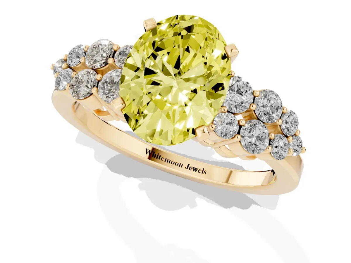 Fancy Yellow Oval Cut Cluster Diamond Engagement Ring with Pavé Band and Four-Prong Setting Yellow gold