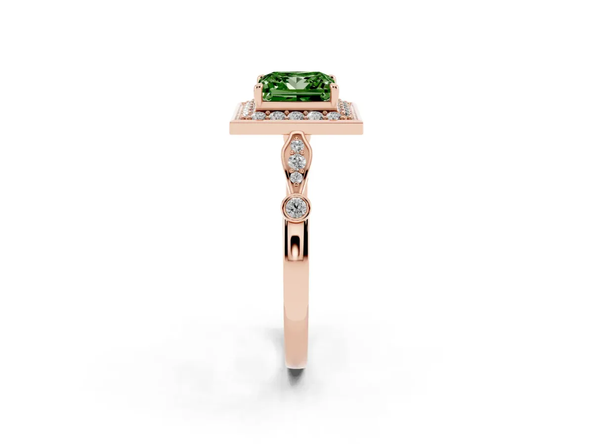 Fancy Green Princess Cut Halo Diamond Engagement Ring with Twisted Band and Four-Prong Setting Rose gold
