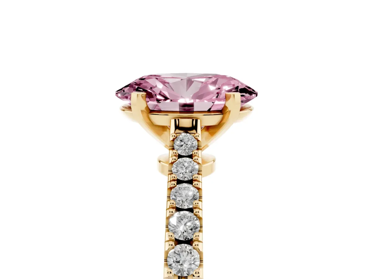 Fancy Pink Oval Cut Cut Solitaire Diamond Engagement Ring with Pave Band and Four-Prong Setting Yellow gold