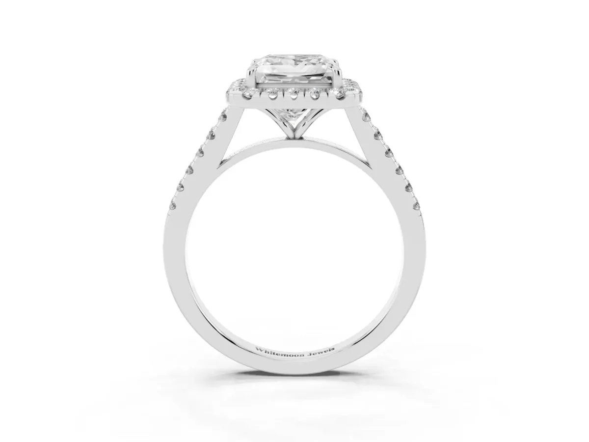 Princess Cut Halo Pave Diamond Engagement Ring with Four-Prong Setting Silver