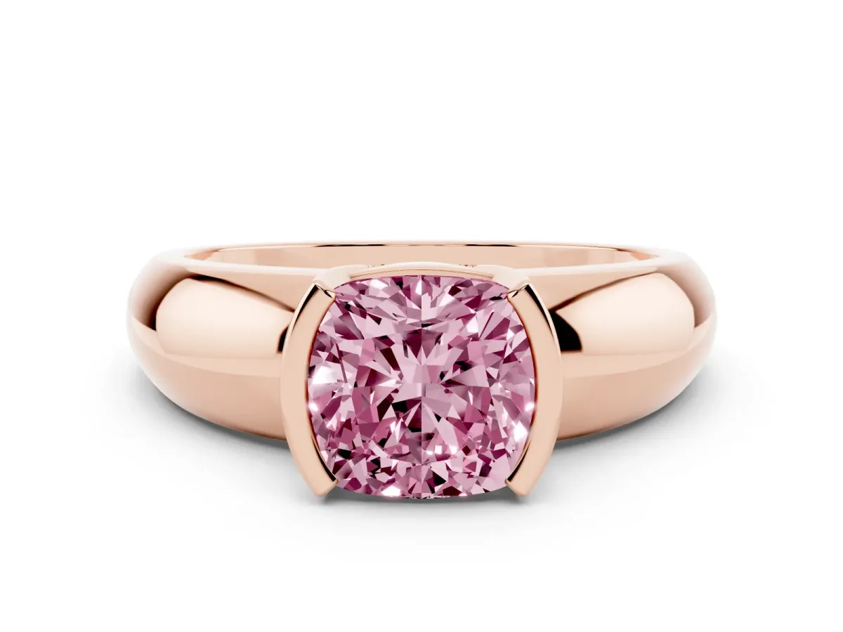 Fancy Pink Cushion Cut Solitaire Tension Set Diamond Ring with Wide Band Rose gold