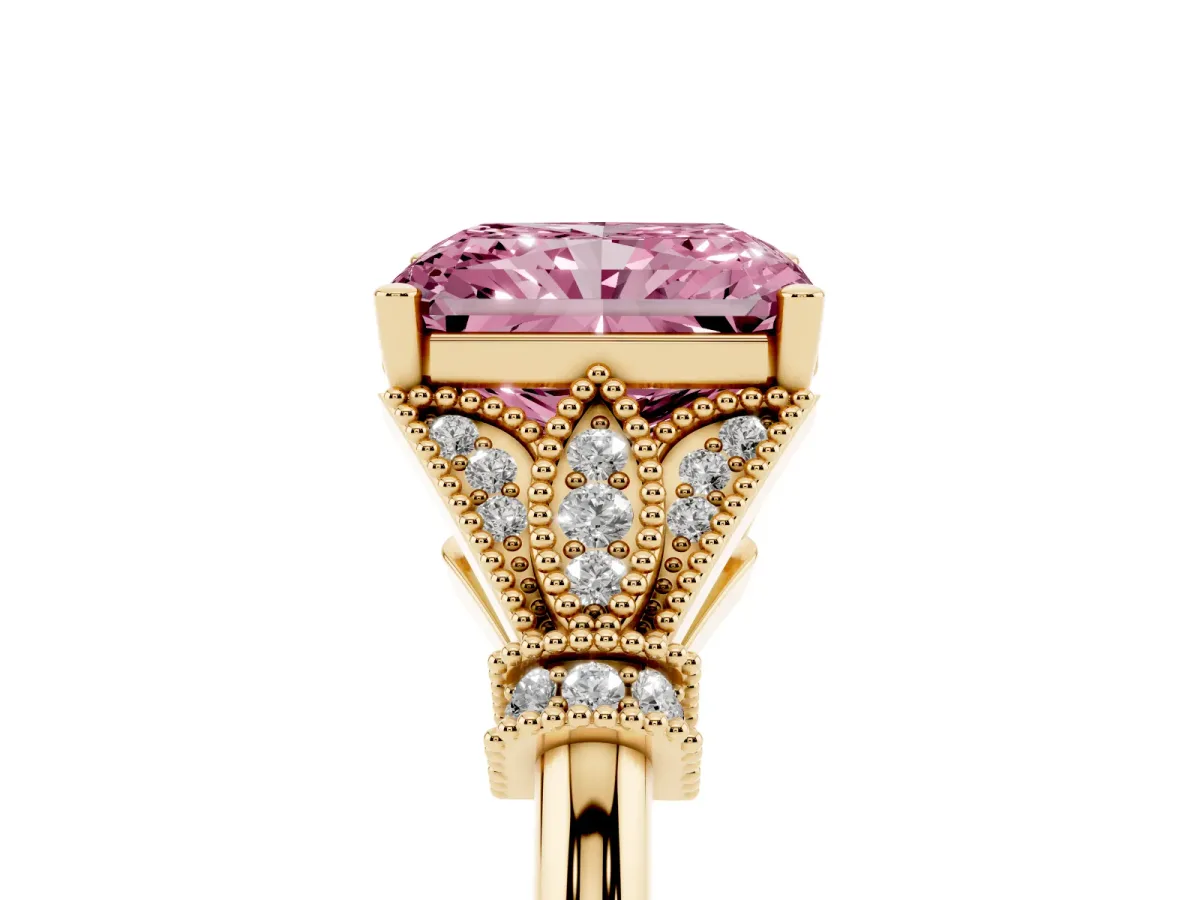 Fancy Pink Radiant Cut Diamond Solitaire Ring with Floral Filigree and Pave Accents Yellow gold