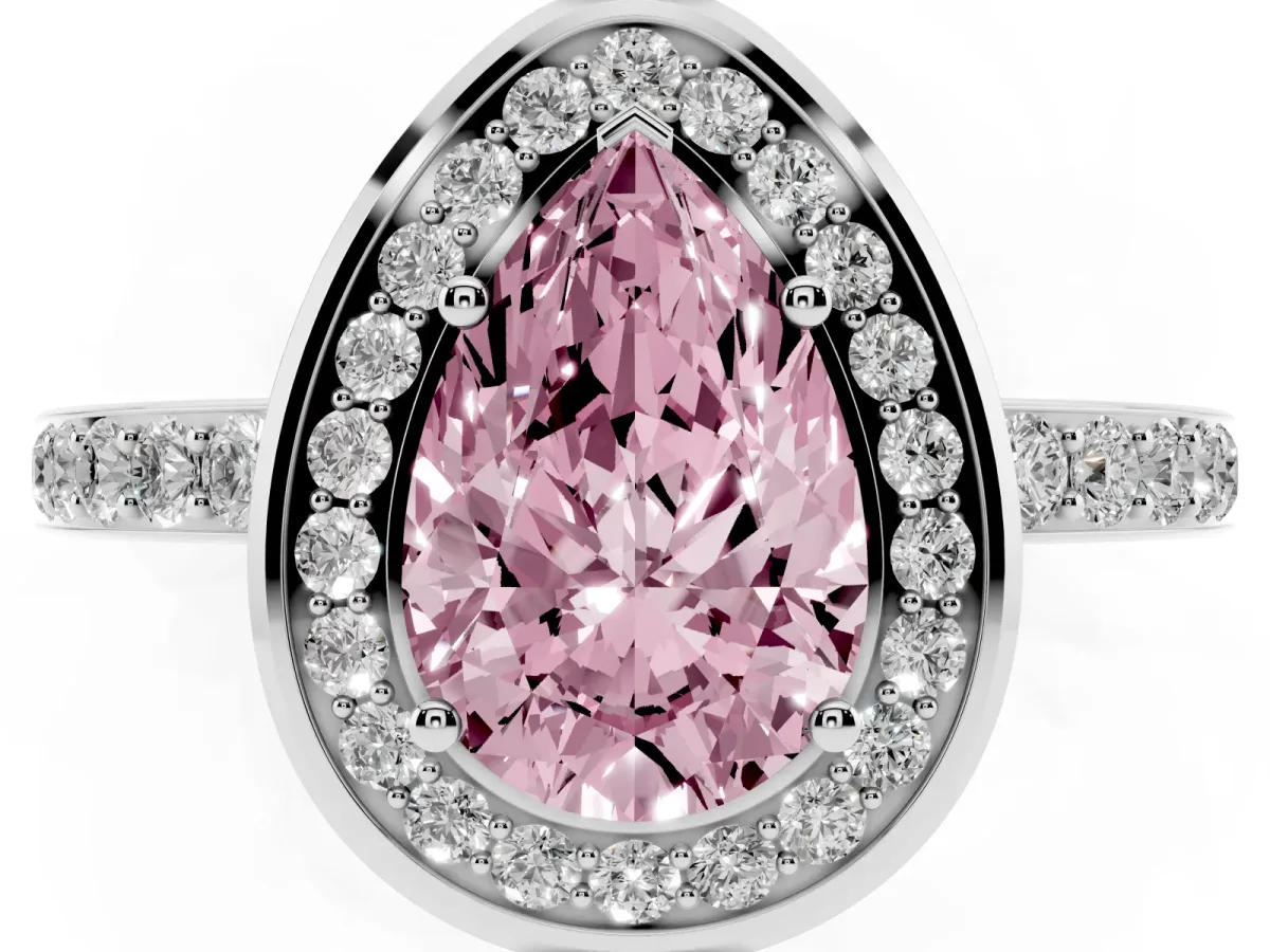 Fancy Pink Pear Cut Diamond Halo Ring with Bezel Frame and Pavé Band Silver