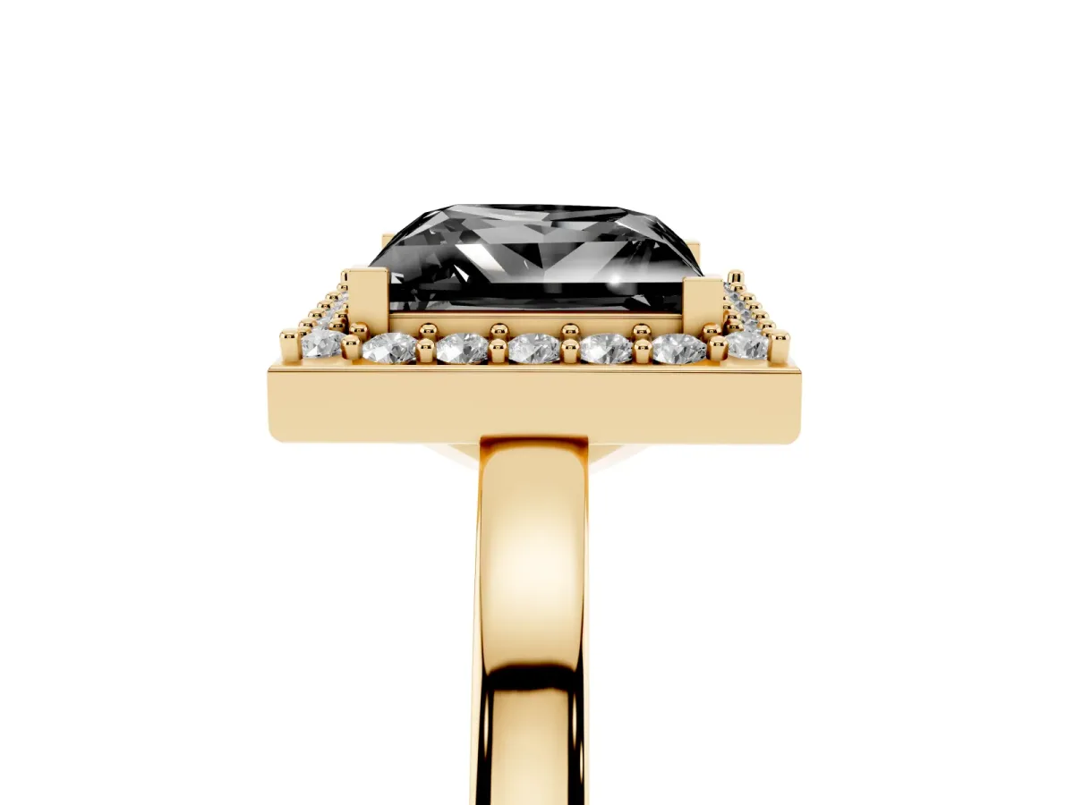 Fancy Black Princess Cut Halo Diamond Ring with Solitaire Band and Prong Setting Yellow gold