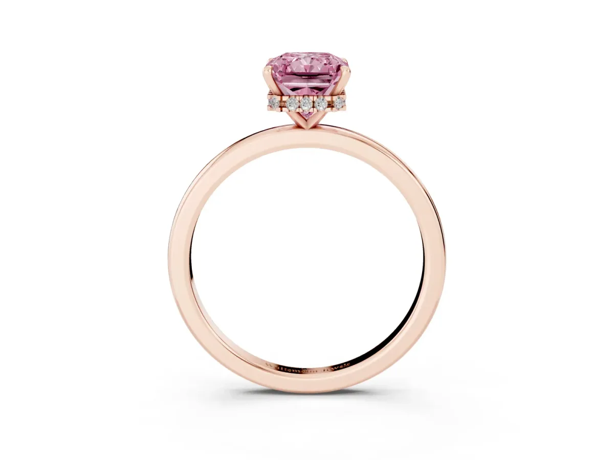 Fancy Pink Radiant Cut Solitaire Engagement Ring with Cathedral Band and Four-Prong Setting Rose gold