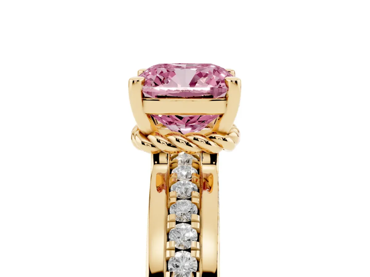 Fancy Pink Cushion Cut Solitaire Diamond Ring with Channel Set Band and Six-Prong Setting Yellow gold