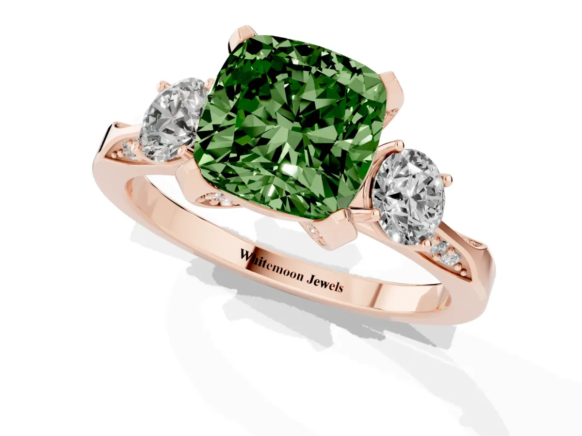 Fancy Green Cushion Cut Brilliant Three-Stone Diamond Ring with Pavé Band and Four-Prong Setting Rose gold