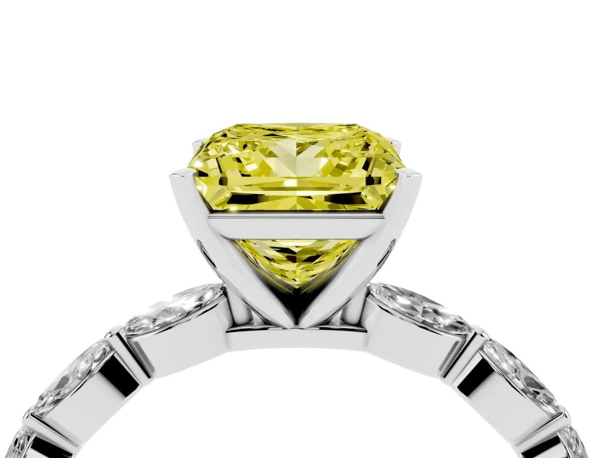 Fancy Yellow Princess Cut Diamond Ring with Marquise Side Stones and Prong Setting Platinum
