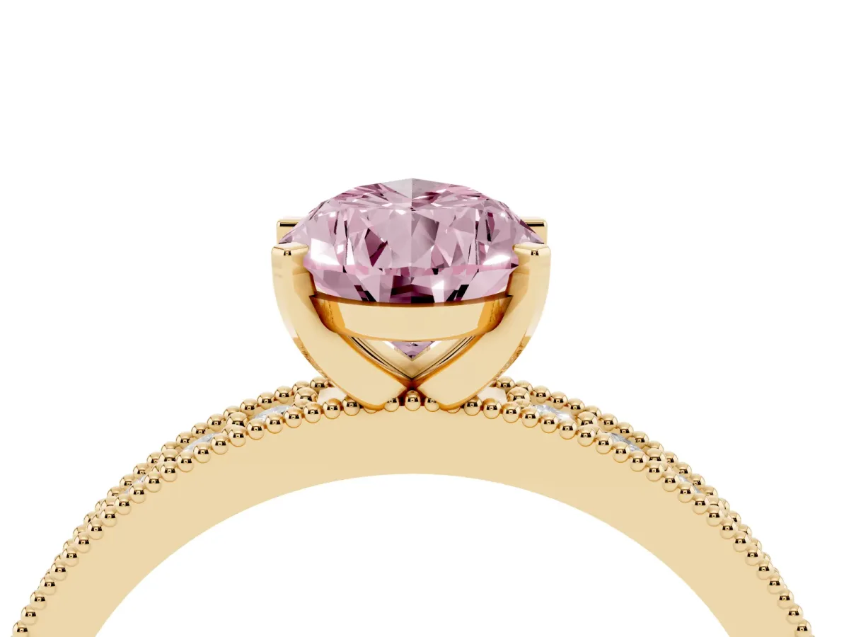 Fancy Pink Pear Cut Diamond Milgrain Pavé Engagement Ring with Four-Prong Setting Yellow gold