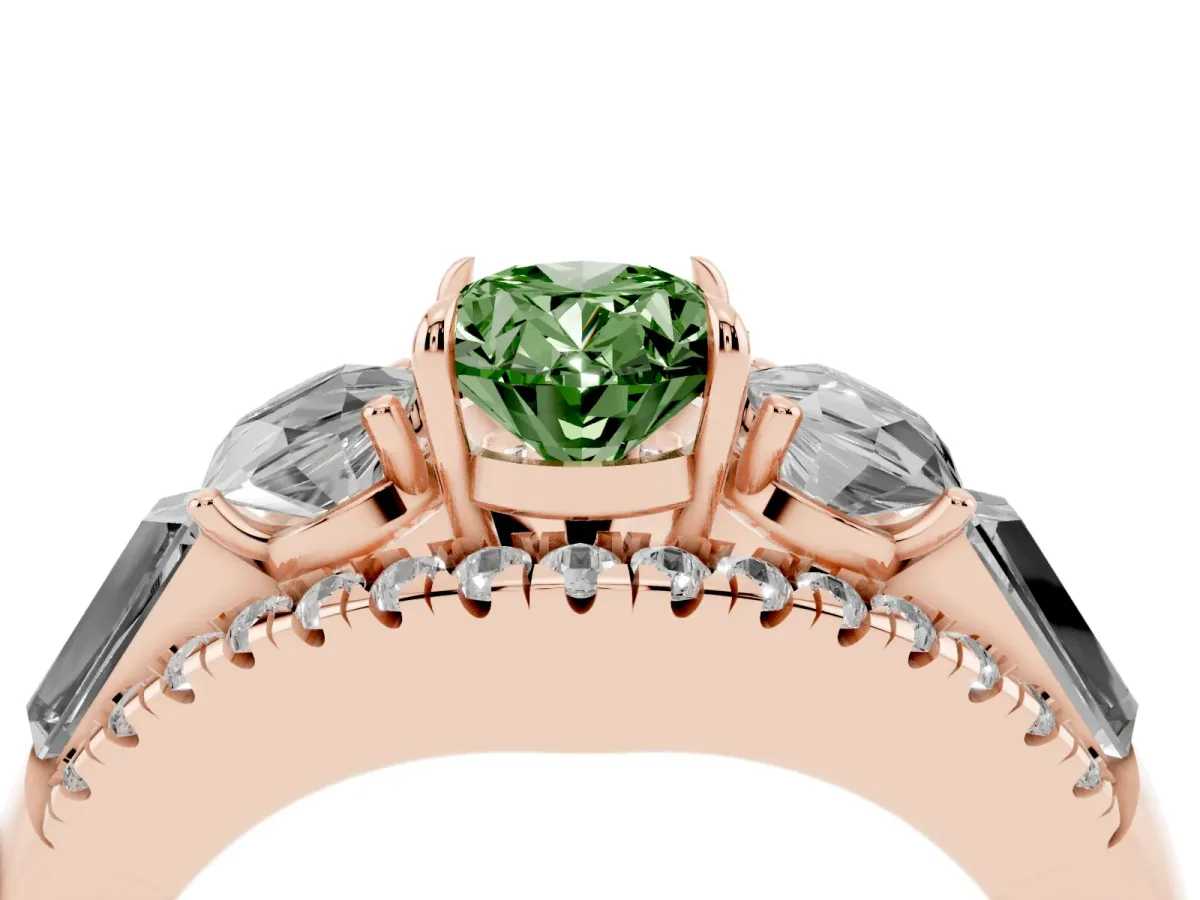 Fancy Green Three-Stone Oval Cut Diamond Engagement Ring with Pave Band and Prong Setting Rose gold