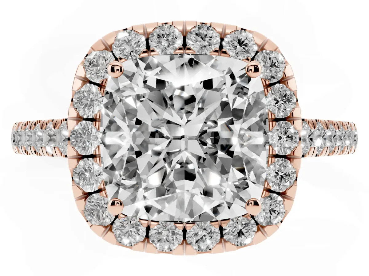 Cushion Cut Halo Pave Diamond Engagement Ring with Four-Prong Setting Rose gold