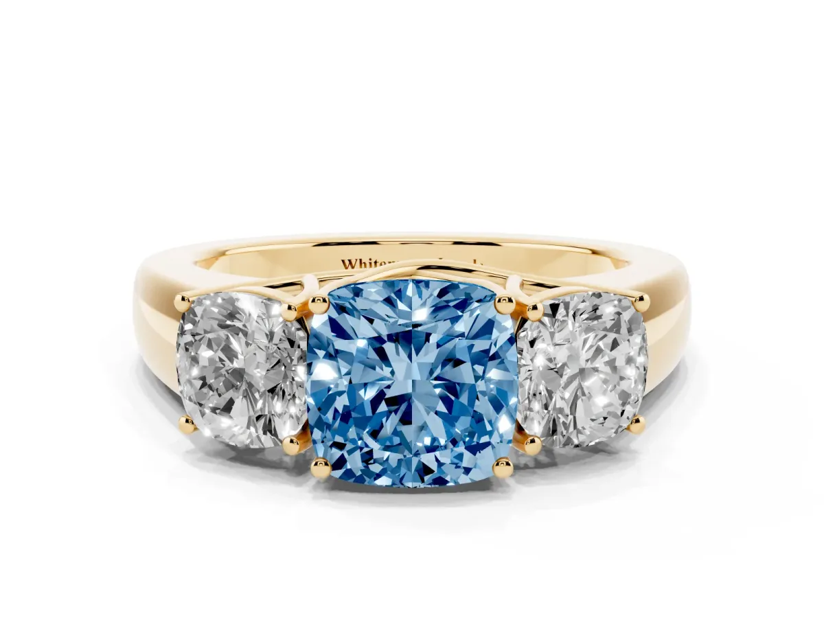 Fancy Blue Three-Stone Cushion Cut Cut Diamond Ring with Prong Setting and Classic Band Yellow gold
