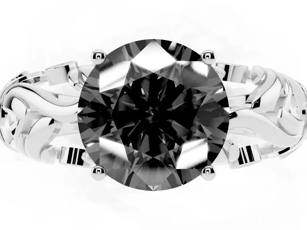Fancy Black Round Cut Solitaire Diamond Leaf-Inspired Vine Band Ring with Prong Setting Platinum