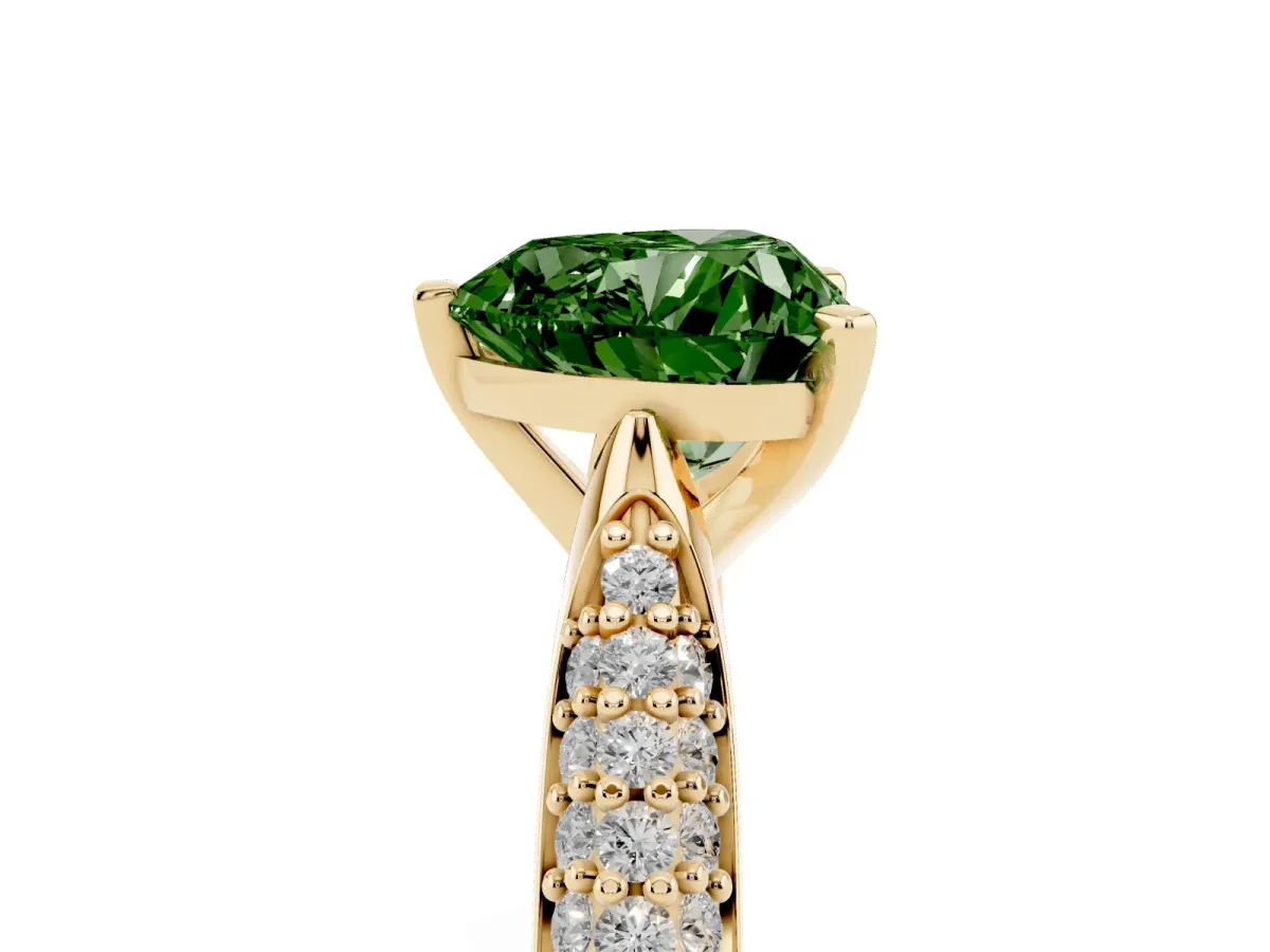 Fancy Green Heart Cut Diamond Solitaire Engagement Ring with Multi-Row Round Pavé Band and Prong Setting Yellow gold