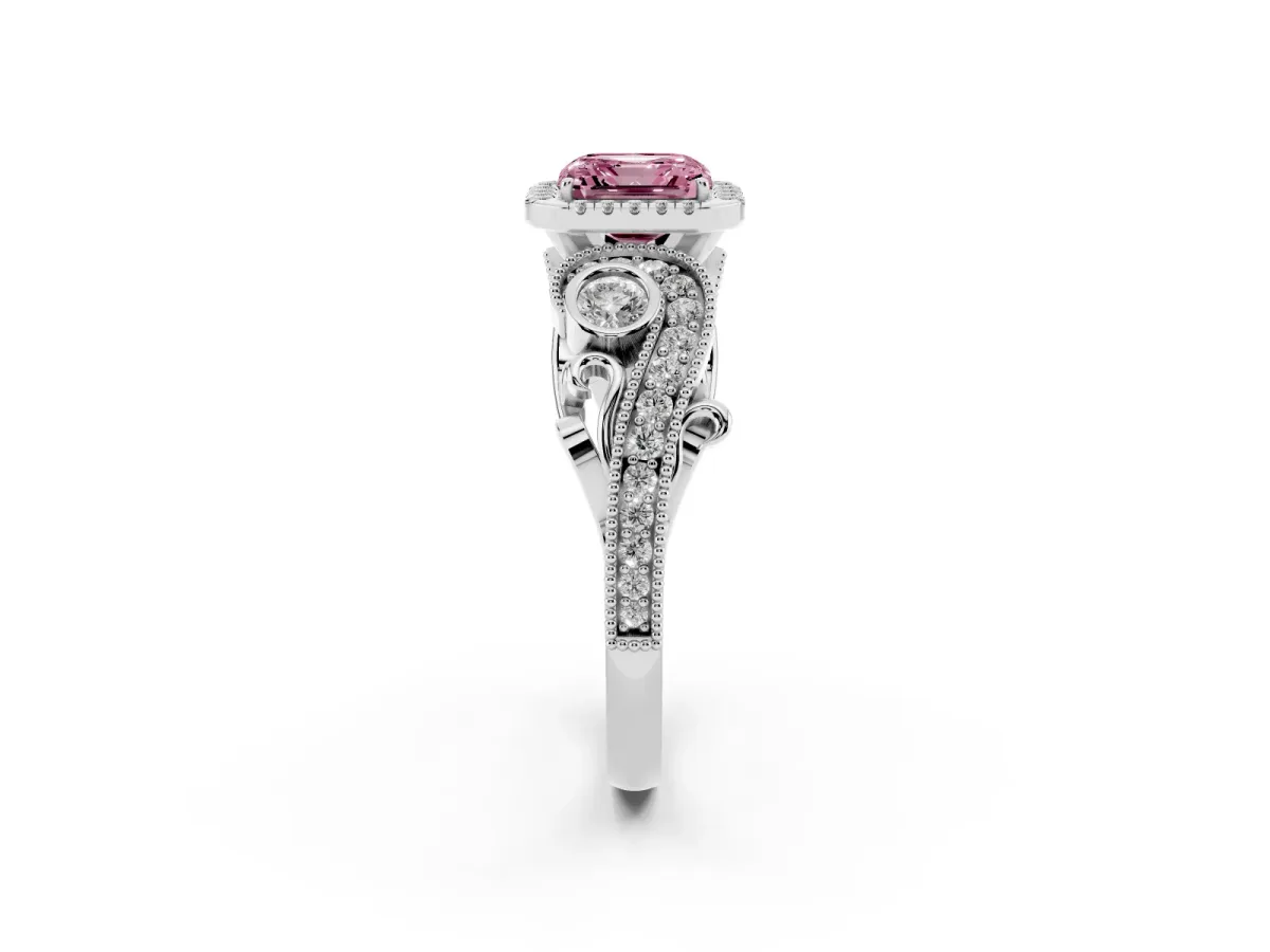 Fancy Pink Asscher Cut Diamond Halo Ring with Milgrain Pavé Band and Four-Prong Setting Platinum