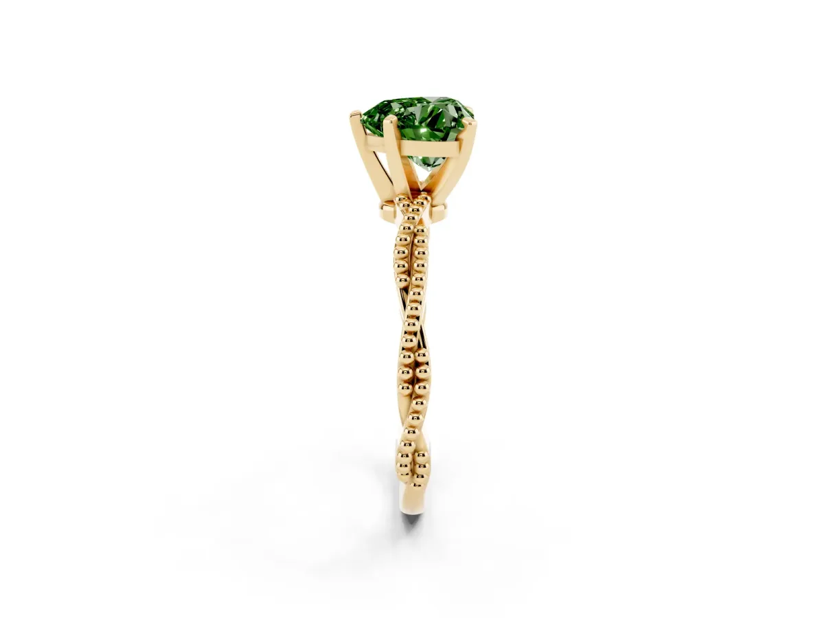 Fancy Green Heart Cut Solitaire Twisted Band with Bead Prong Setting Yellow gold