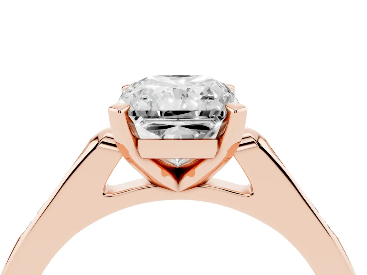 Radiant Cut Diamond Solitaire Ring with Channel Set Round Band and Prong Setting Rose gold