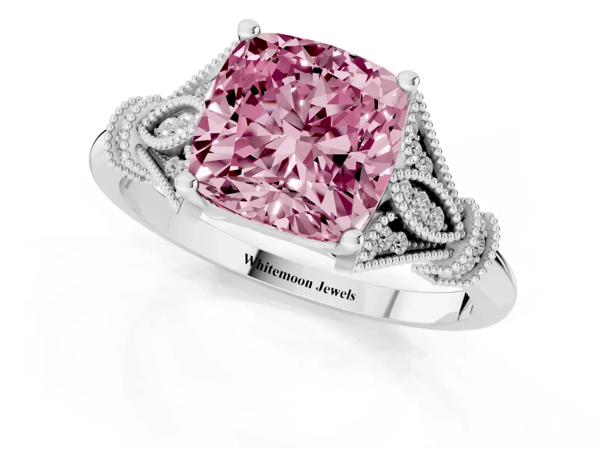 Fancy Pink Cushion Cut Diamond Solitaire Ring with Floral Filigree and Pave Accents Platinum