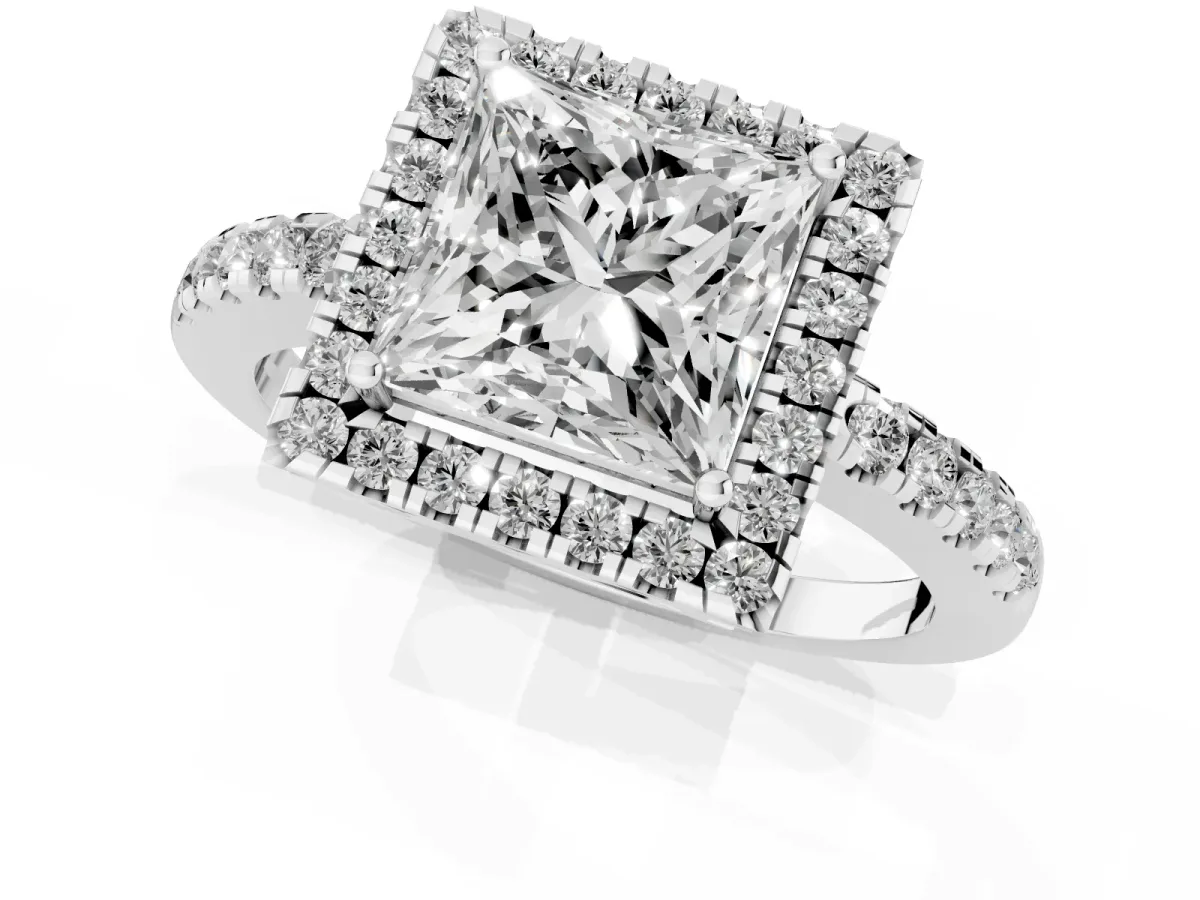 Princess Cut Halo Diamond Engagement Ring with Pavé Band and Four-Prong Setting White gold