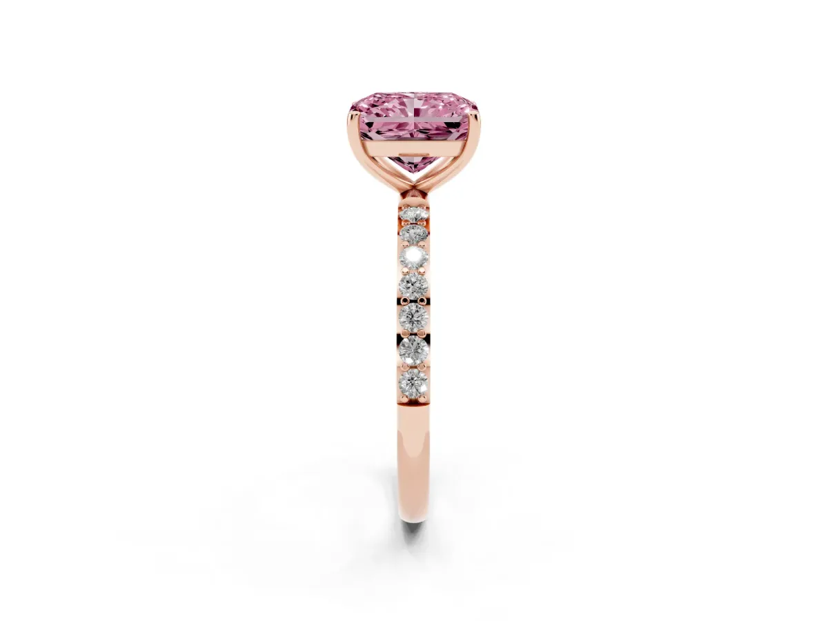 Fancy Pink Radiant Cut Diamond Solitaire Ring with Round Pavé Shoulders and Prong Setting Rose gold