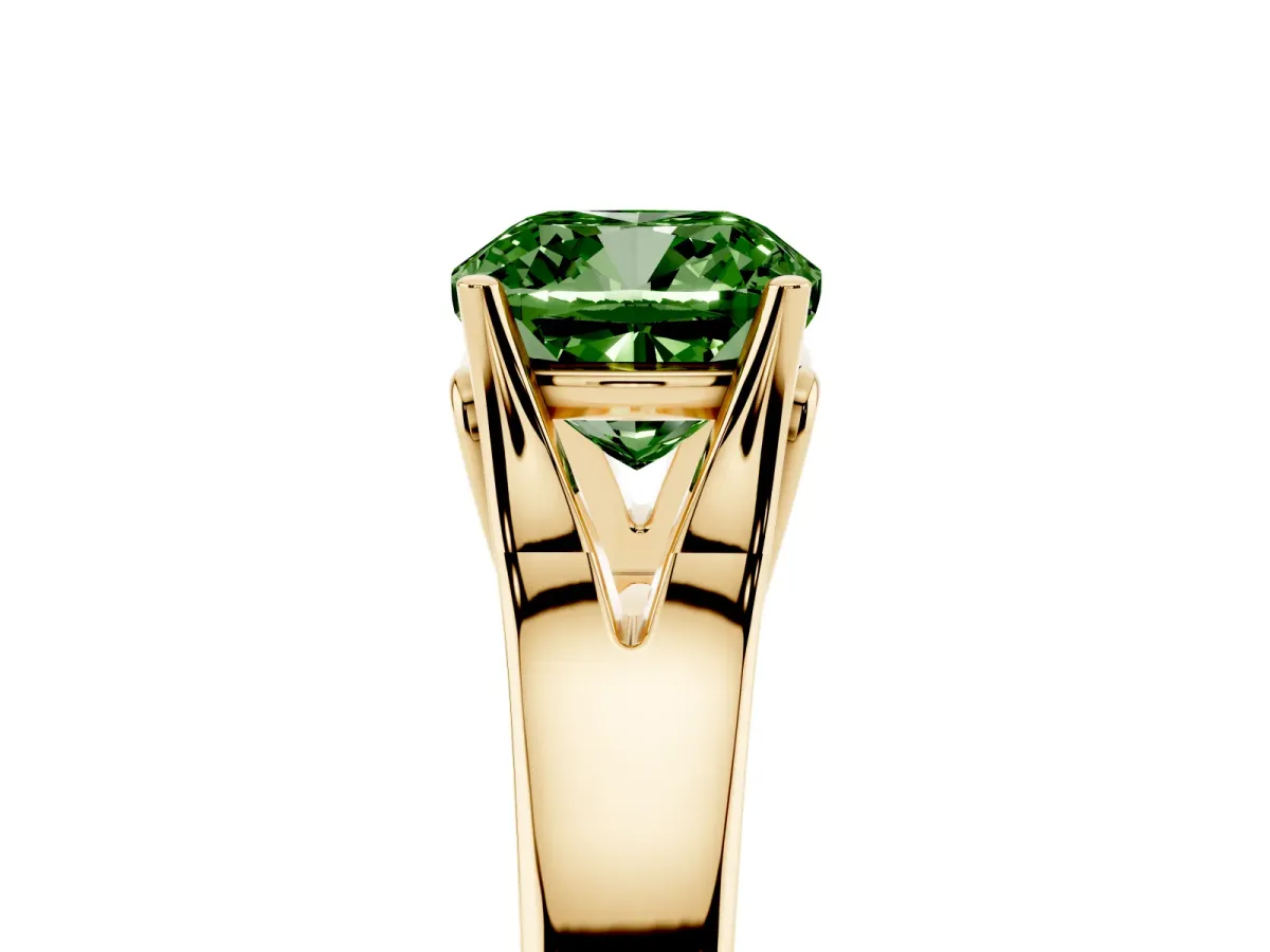 Fancy Green Cushion Cut Solitaire Diamond Ring with Cathedral Band and Four-Prong Setting Yellow gold