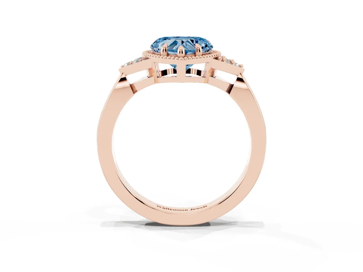 Fancy Blue Milgrain Heart Cut Cut Diamond Ring with Tapered Pave Band and Four Prong Setting Rose gold