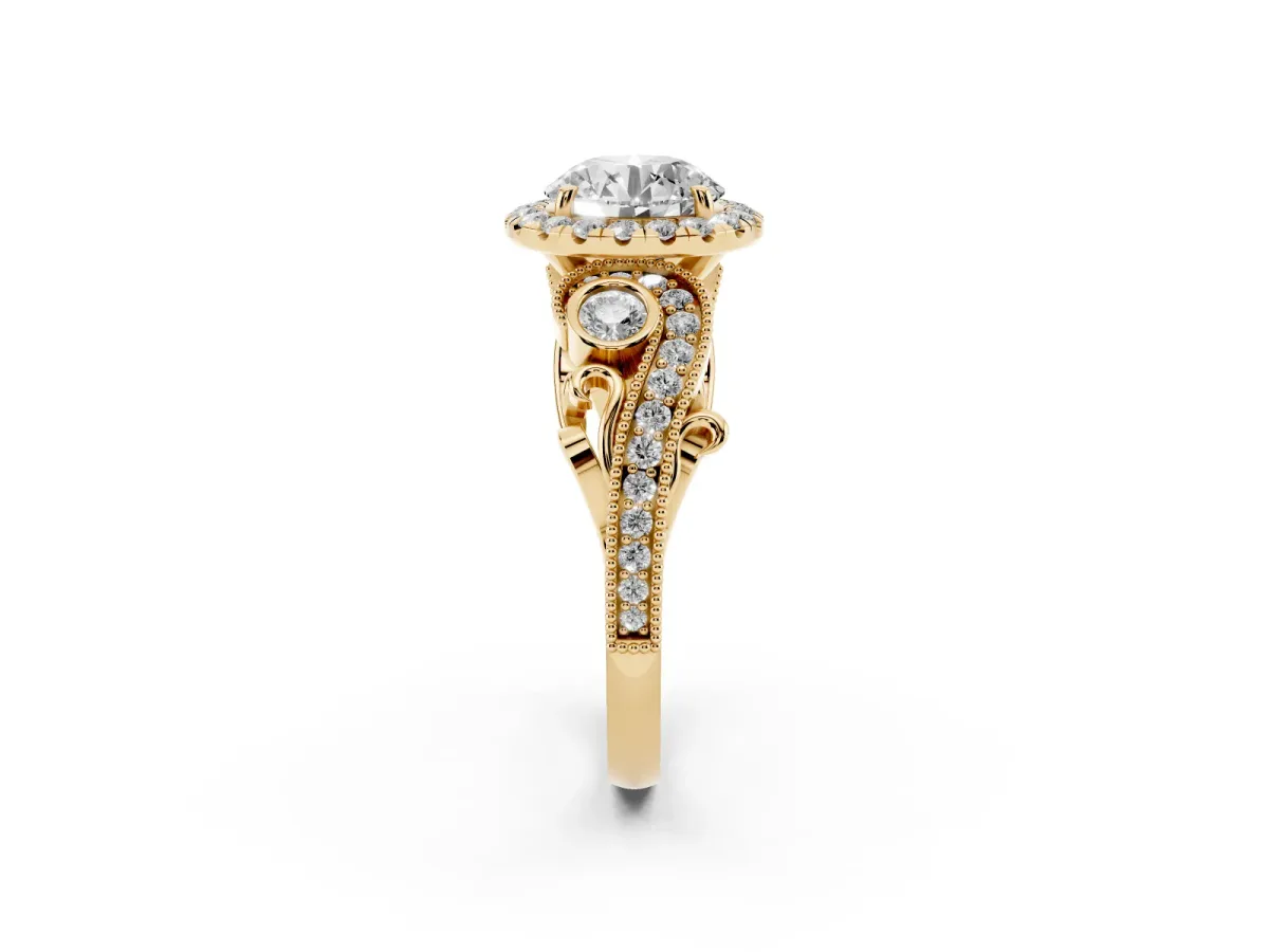 Round Cut Halo Diamond Ring with Milgrain and Bezel Accents on a Split Shank Band Yellow gold