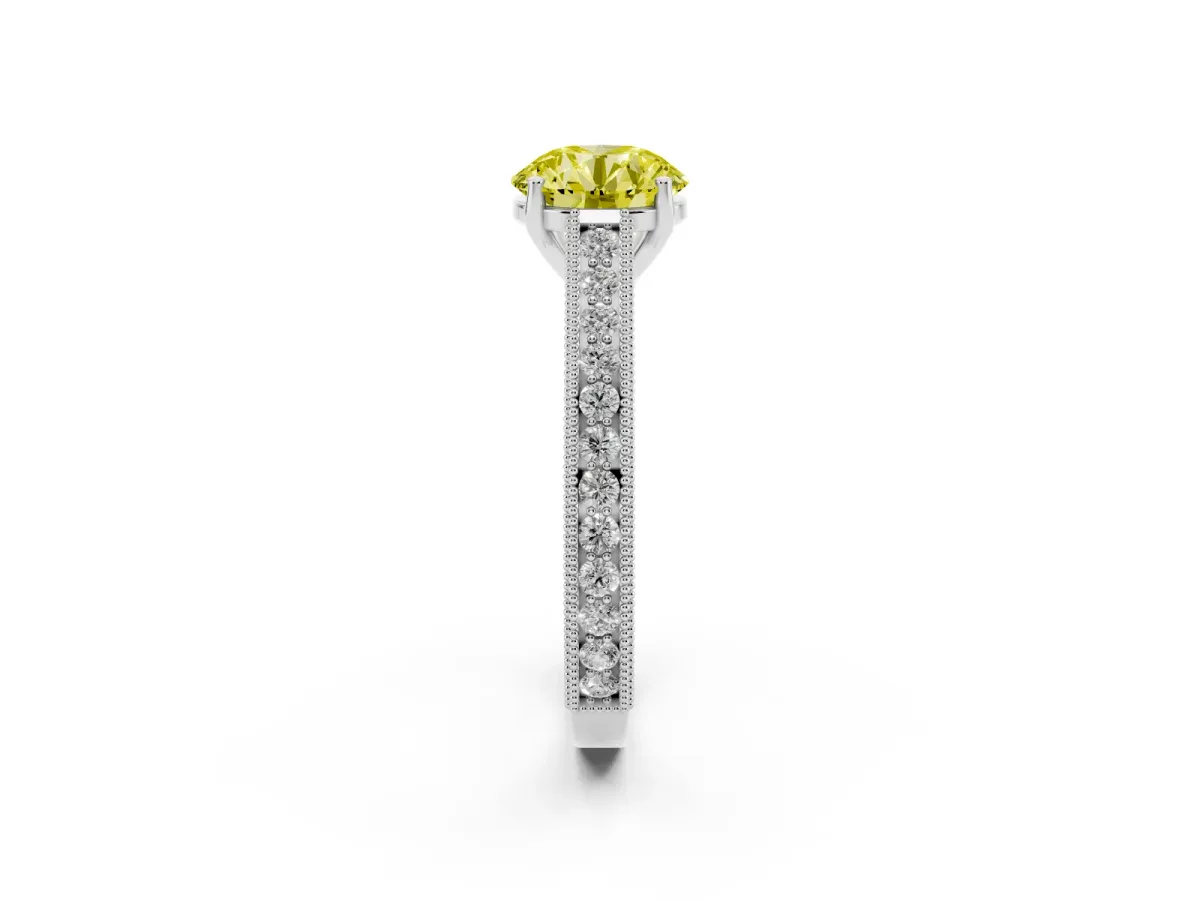 Fancy Yellow Round Cut Cut Pave Band Milgrain Solitaire Ring White gold