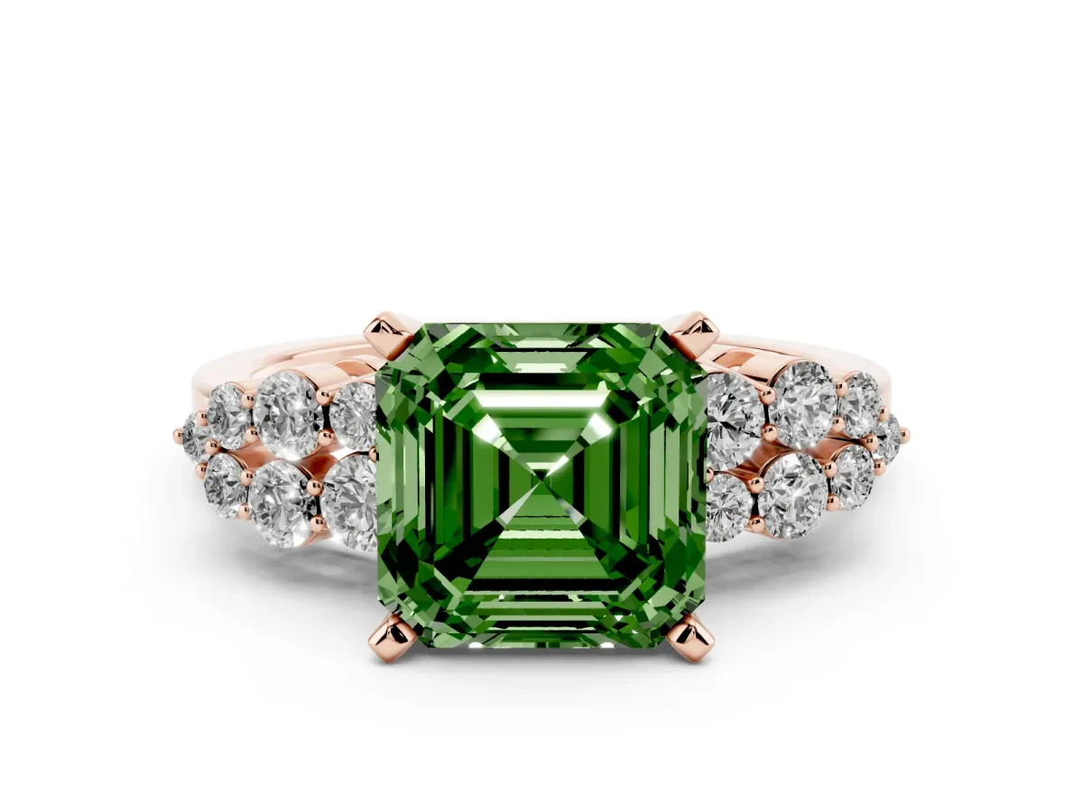 Fancy Green Asscher Cut Cluster Diamond Engagement Ring with Pavé Band and Four-Prong Setting Rose gold