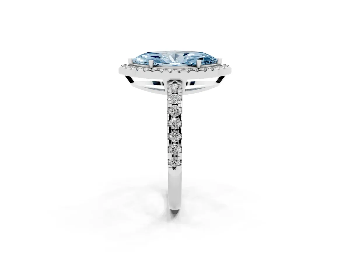 Fancy Blue Marquise Cut Diamond Halo Ring with Pavé Band and Four-Prong Setting White gold