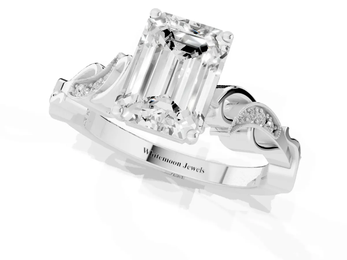 Emerald Cut Solitaire Vine Band with Milgrain Prong Setting Platinum