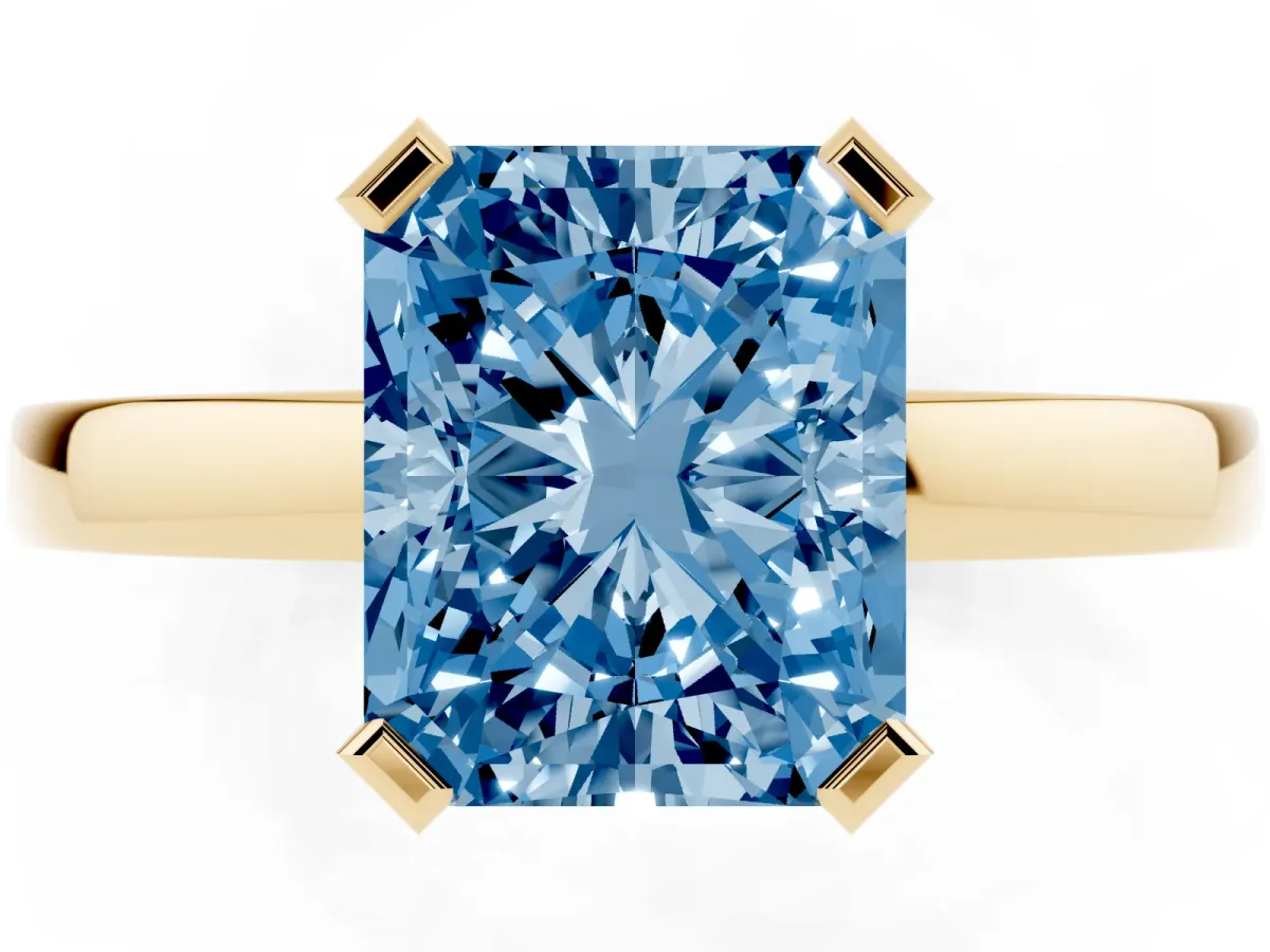 Fancy Blue Radiant Cut Cut Solitaire Ring with Four-Prong Setting and Classic Band Yellow gold