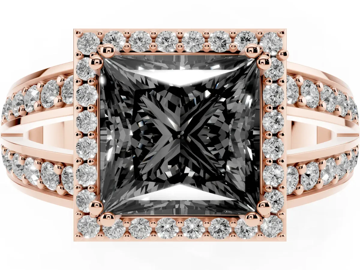 Fancy Black Princess Cut Diamond Halo Ring with Split Shank Pavé Band and Four-Prong Setting Rose gold