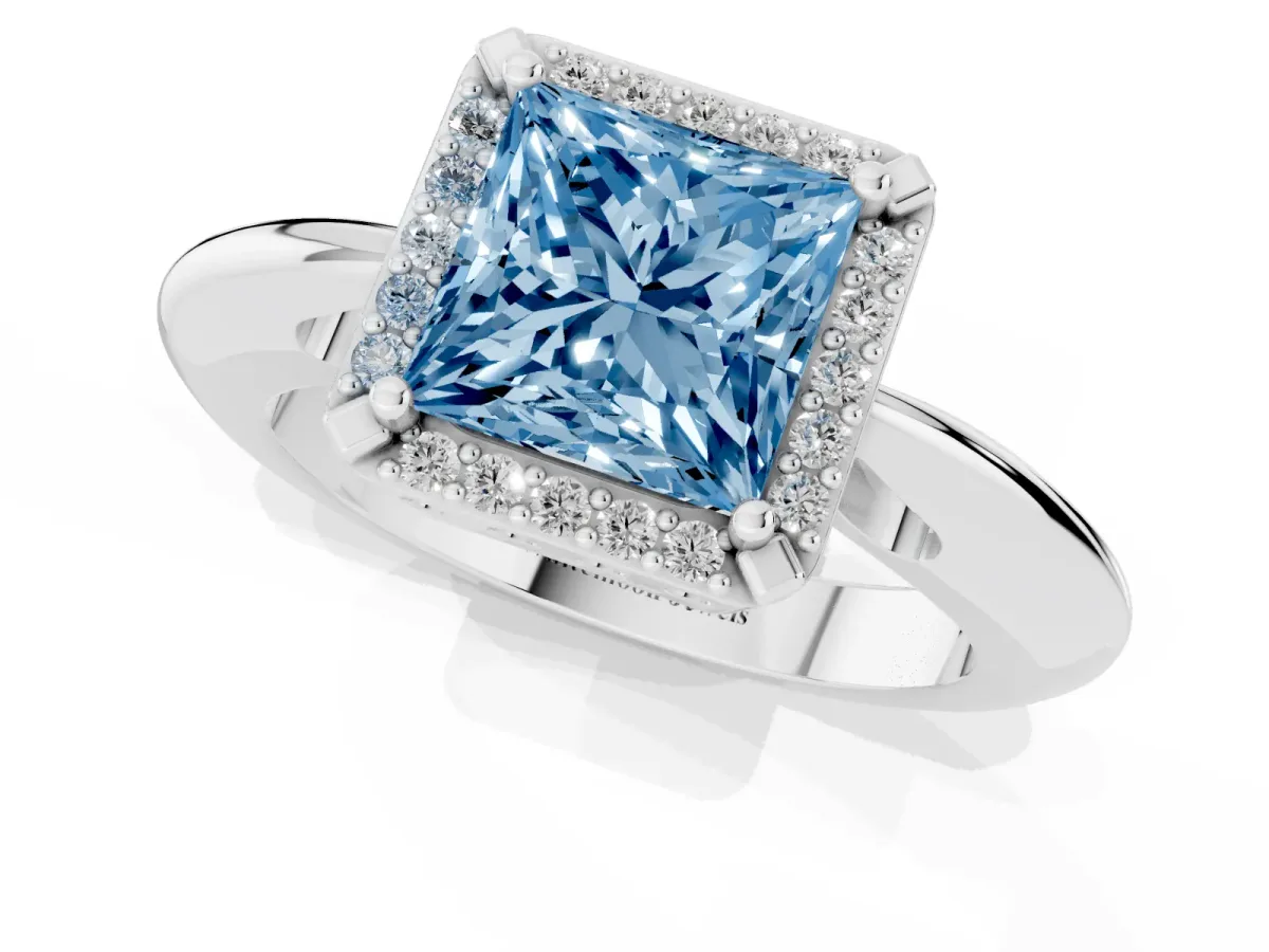 Fancy Blue Princess Cut Cut Diamond Halo Engagement Ring with Split Shank and Four-Prong Setting Silver