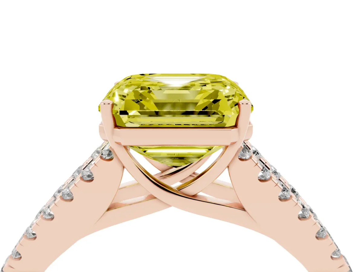 Fancy Yellow Asscher Cut Diamond Split Shank Engagement Ring with Round Pavé and Prong Setting Rose gold