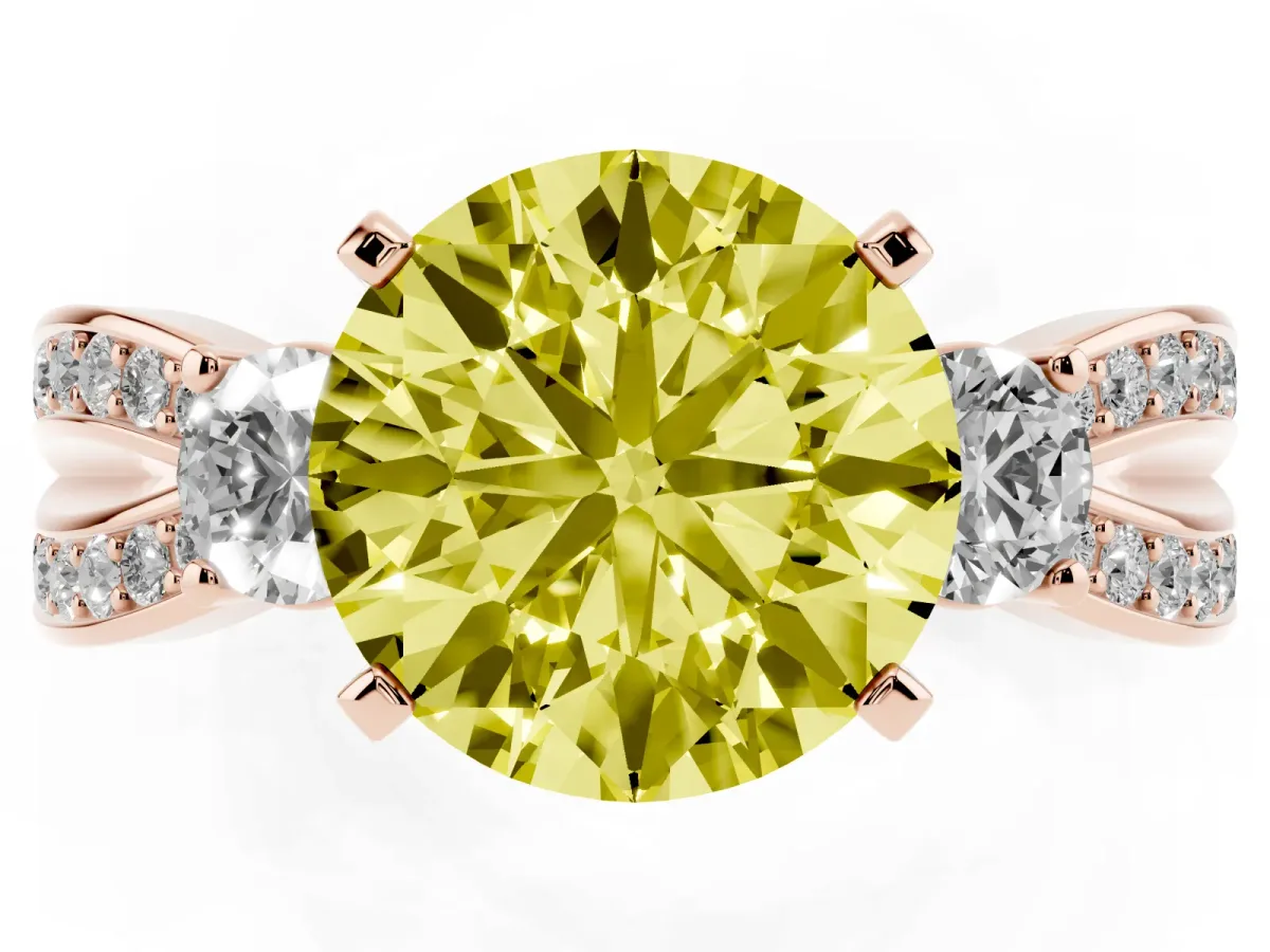 Fancy Yellow Three-Stone Round Cut Cut Diamond Twist Band with Prong Setting Rose gold