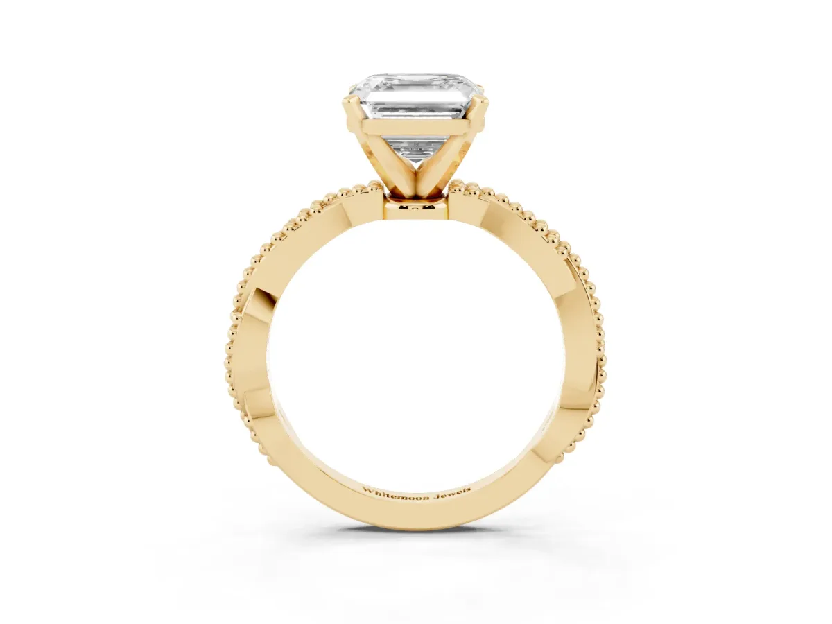 Asscher Cut Solitaire Twisted Band with Bead Prong Setting Yellow gold
