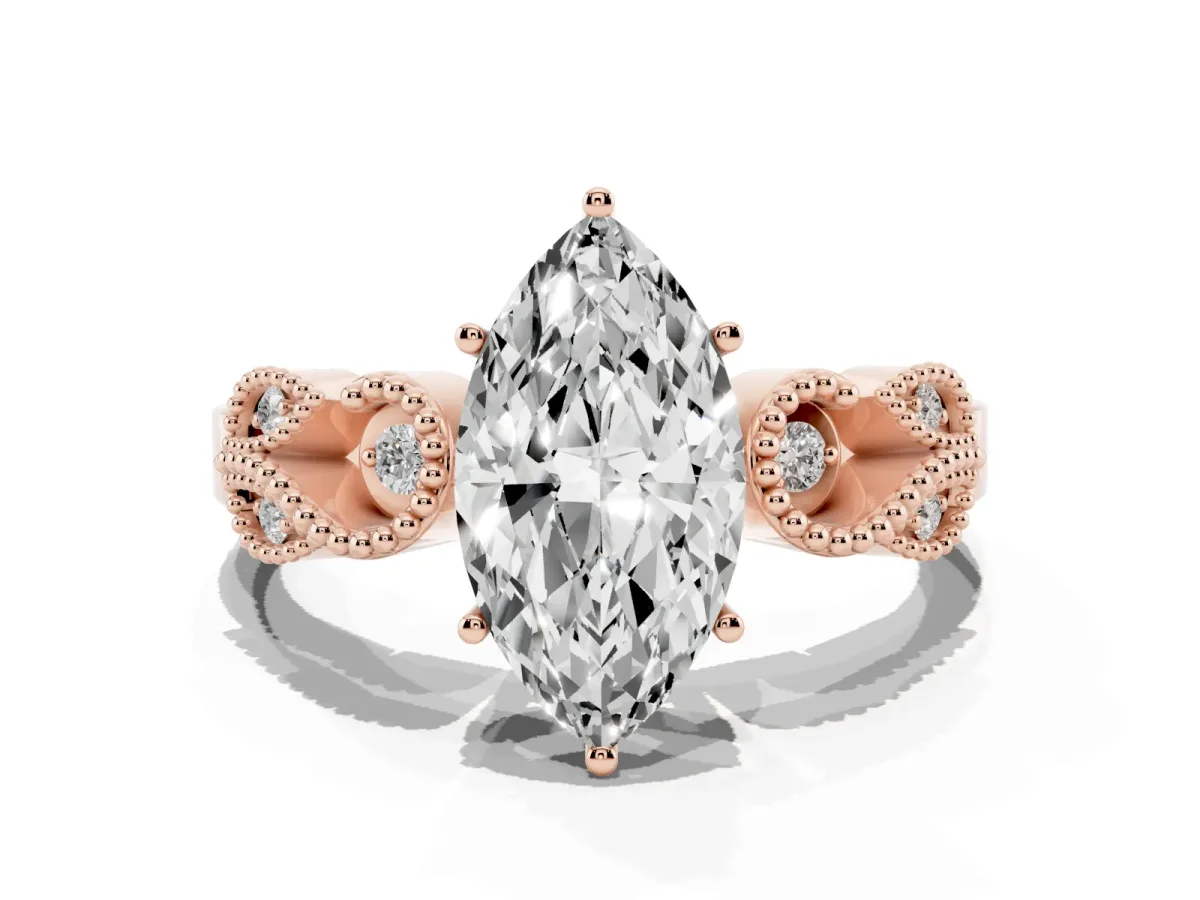 Marquise Cut Solitaire Milgrain Leaf Band with Prong Setting Rose gold