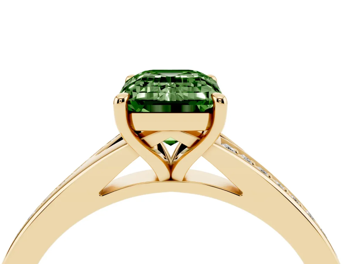 Fancy Green Emerald Cut Diamond Solitaire Ring with Pavé Band and Prong Setting Yellow gold