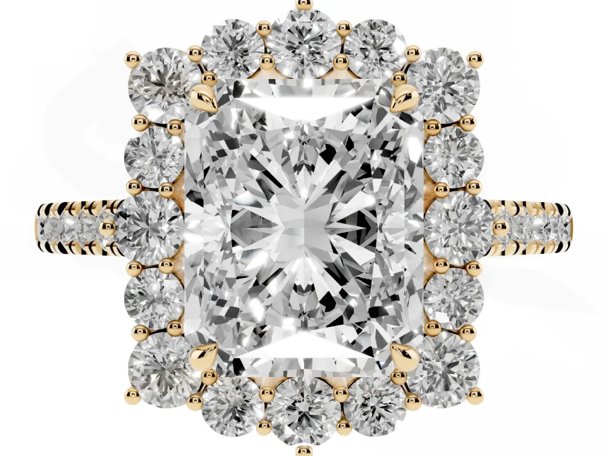 Radiant Cut Halo Diamond Ring with Pavé Band and Prong Setting Yellow gold