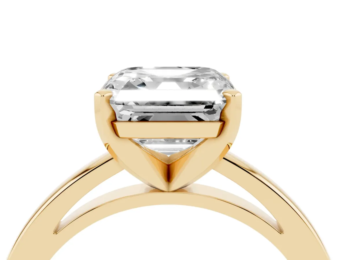 Asscher Cut Solitaire Diamond Engagement Ring with Four-Prong Setting on a Classic Band Yellow gold